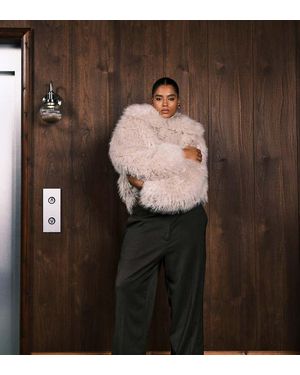 ASOS Curve Tailored Relaxed Trousers With Faux Leather Trim - Natural