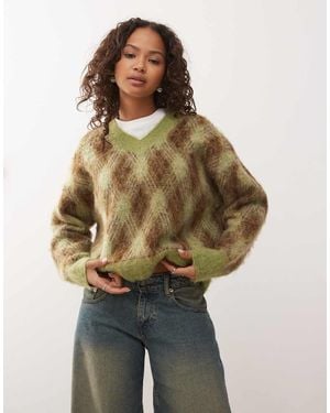 Reclaimed Vintage V-neck Brushed Knit Jumper - Green
