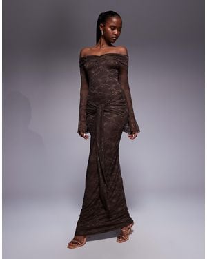 Kaiia Exclusive Double Layered Slinky Lace Bardot Flare Sleeve Tie Waist Drape Detail Maxi Dress - Brown