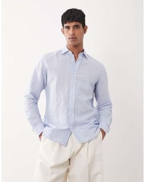 Mango Linen Mix Long Sleeve Striped Shirt - Blue