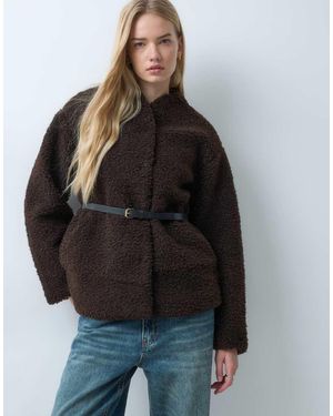 Threadbare Chaqueta Estilo Blazer Sin Cuello De Borreguito Con Cinturón En Chocolate - Negro