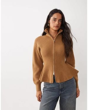 Gina Tricot Wool Shaped Knitted Zip Through Cardigan - Brown