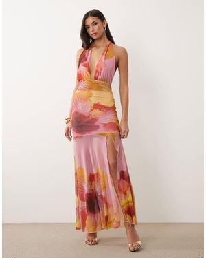 Kaiia Exclusive Plunge Choker Sheer Hem Detail Maxi Dress - Pink