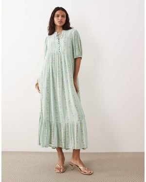 Y.A.S Festival Boho Style Puff Sleeve Maxi Dress With Button Front Detail - Green
