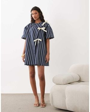 Ghospell Triple Bow Short Sleeve Mini Dress - Blue
