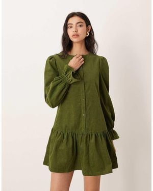 Glamorous Aangerimpelde Mini Jurk Van Corduroy Met Lange Mouwen - Groen