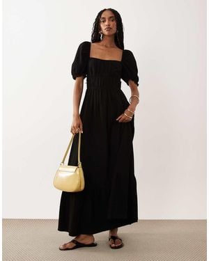 Miss Selfridge Seersucker Puff Sleeve Milkmaid Maxi Dress - Black