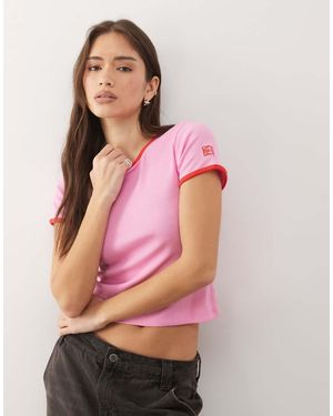 Noisy May Ribbed T-Shirt With Contrast Seam - Pink