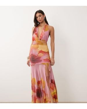 Kaiia Exclusive Plunge Choker Sheer Hem Detail Maxi Dress - Red