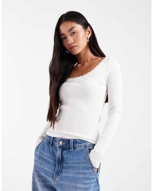 New Look Square Neck Lace Trim Top - White