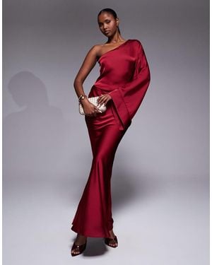 JLUXLABEL Femme Satin Bell Sleeve One Shoulder Maxi Dress - Red
