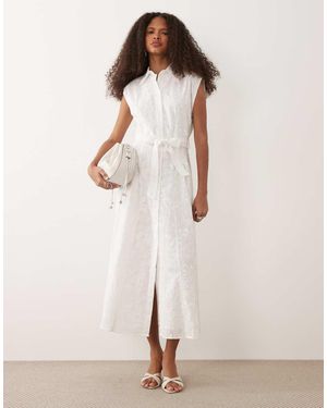 Mango 100% Cotton Embroidered Tie Waist Midi Shirt Dress - Natural