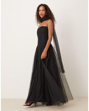 LACE & BEADS Strapless Drop Hem Corset Maxi With Neck Scarf - Black