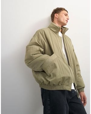 TOPMAN Oversized Fit Twill Nylon Funnel Neck Bomber Jacket - Green