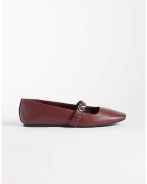Calvin Klein Leather Square Toe Ballet Flats With Strap Detailing - Purple