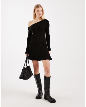 Miss Selfridge Knitted Off Shoulder Flippy Mini Dress - Black
