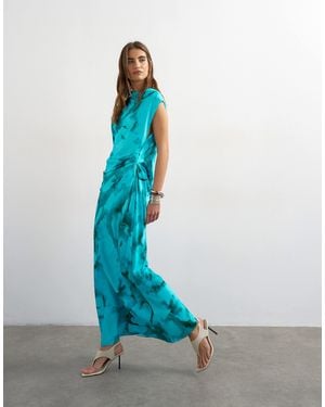 TOPSHOP Satin Grown On Neck Tuck Side Maxi Dress With Open Back - Blue