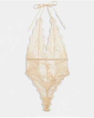 Bardot Leonora Lace Plunge Neck Halter Tie Detail Bodysuit - White