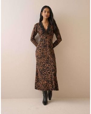 Nobody's Child Leopard Print Lace Trim Long Sleeve Aida Midi Dress - Natural