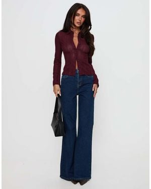 Princess Polly When You Sleep Semi Sheer Knit Long Sleeve Jersey Button Through Fitted Shirt - Blue