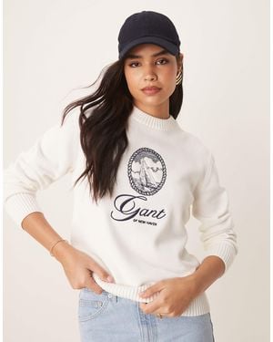 GANT Crew Neck Sweater With Central Embroidered Logo - Natural