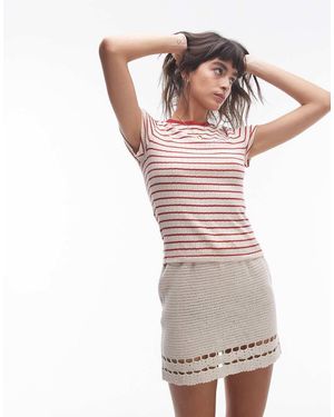 TOPSHOP T-Shirt Traforata Corta A Righe Rosse - Bianco