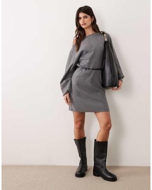 ASOS Belted Slash Neck Jumper Dress - Grey