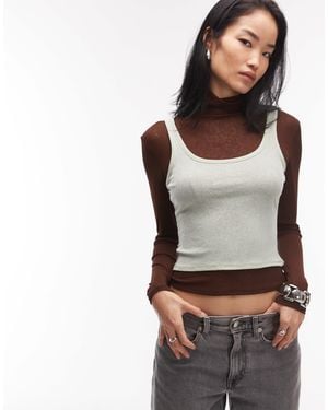 ASOS Sheer Double Layer Long Sleeve Funnel Neck Top - Gray