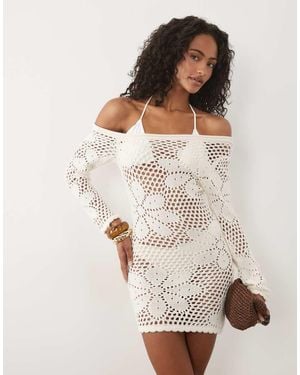 Miss Selfridge Off Shoulder Floral Crochet Dress - Natural