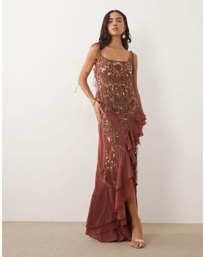 ASOS Embellished Cami Maxi Dress With Ruffle Skirt - Brown