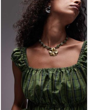 Mango Beaded Flower Necklace - Green