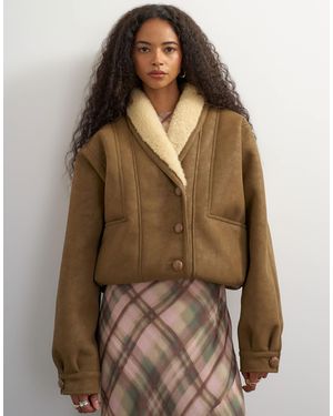 TOPSHOP Bonded Shearling Shawl Collar - Brown