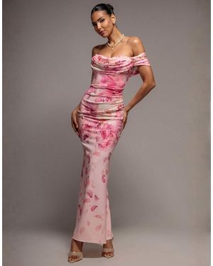Goddiva Printed Cowl Neck Pleated Waist Maxi Dress - Grey