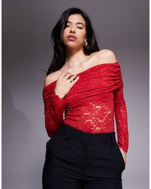 AFRM Lace Off The Shoulder Long Sleeve Bodysuit - Red