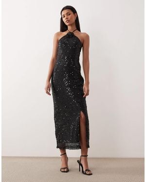 Vila Halter Neck Sequin Maxi Dress With Thigh Split - Black