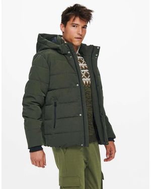 Only & Sons Waterproof Puffer Jacket With Hood - Green