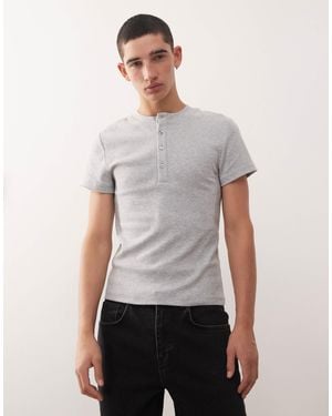 Collusion Ribbed Muscle Short Sleeve Henley T-shirt Top - Grey