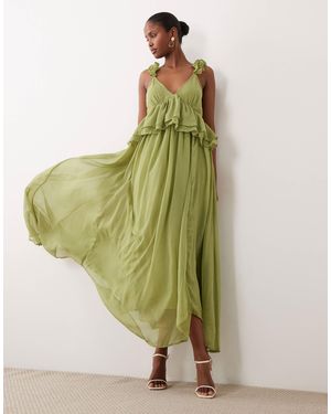 Vila Ruffle Strap Chiffon Maxi Dress - Green
