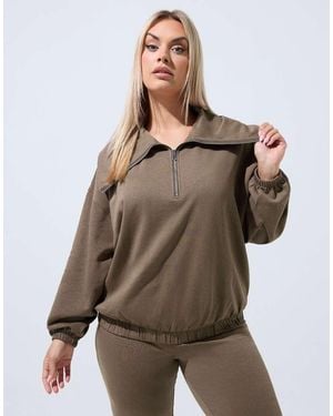 Yours Clothing Folded Zip Sweatshirt - Brown