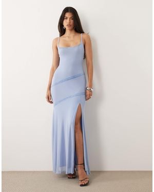 ASOS Tonal Contrast Lace Trim Mesh Maxi Dress With Tie Details - Blue