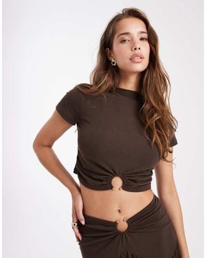 4th & Reckless Double Layered Slinky Slash Neck Gold Ring Hardware Detail Crop Top Co-ord - Brown