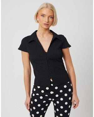 Brave Soul Textured Jersey Short Sleeve Button Down Top - Black