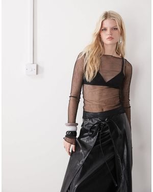 Weekday Sheer Mesh Slash Neck Long Sleeve Top - Gray