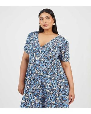 Brave Soul Curve Floral Puff Sleeve V-Neck Mini Dress - Blue