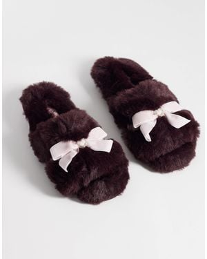 Boux Avenue Open Toe Diamante Heart Bow Front Plush Slippers - Brown
