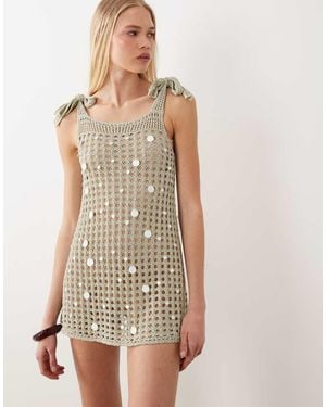 Miss Selfridge Beach Metallic Crochet Faux Pearl Mini Dress - Natural