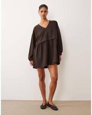 Miss Selfridge V-neck Brushed Rib Mini Smock Dress - Brown