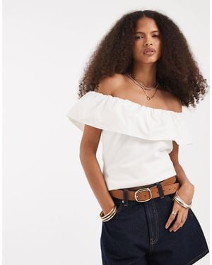 Vero Moda Jersey Top With Woven Poplin Off Shoulder Ruffle - White