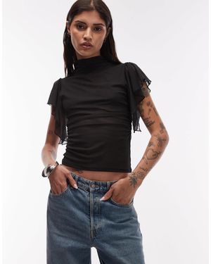ASOS Semi Sheer Mesh Flutter Sleeve High Neck Top - Black