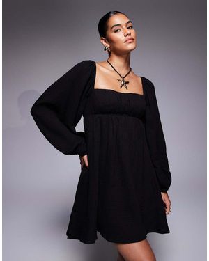 Princess Polly Cotton Linen Look Puff Sleeve Long Sleeve Open Tie Back Mini Smock Dress - Black